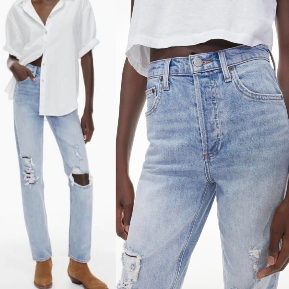 Aritzia Sky Blue Distressed Straight Jeans